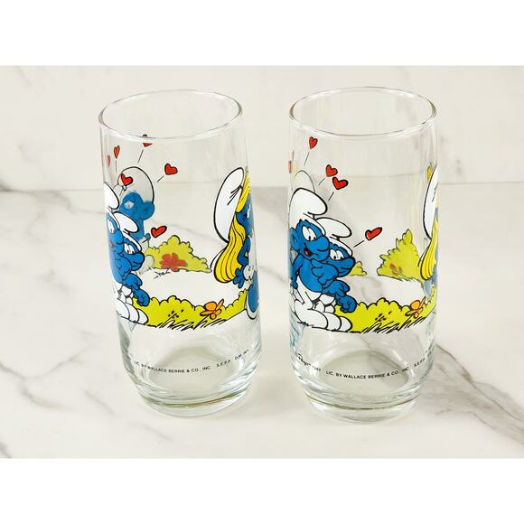 Smurf Smurfette Drinking Clear Glasses 14oz by Peyo 1982 6" x2 Vintage - Picture 10 of 15